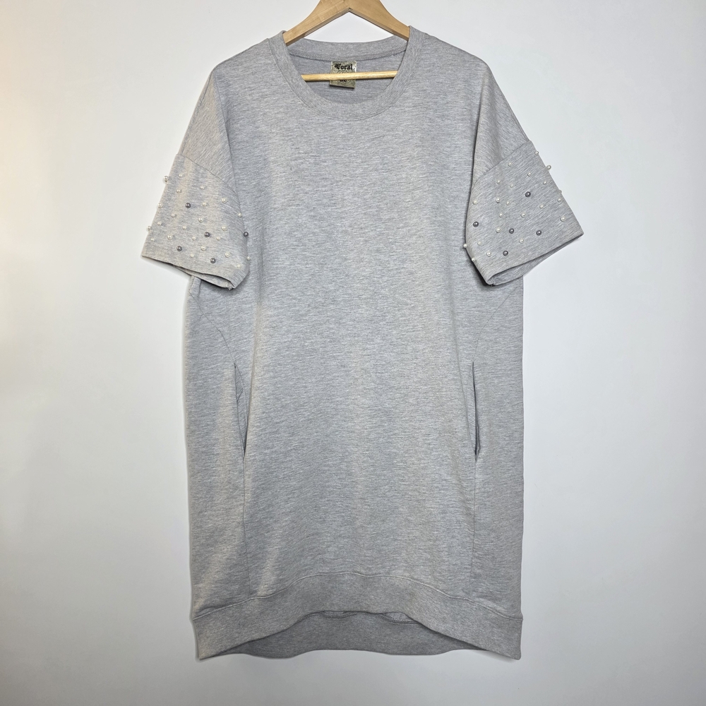 Vocal Light Gray Crewneck sweatshirt dress with pearl embellished pearl beading